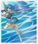  1990s_(style) 1girl 2022 absurdres armor artist_name blue_armor blue_background blue_eyes blue_hair blue_hairband blue_shirt blue_skirt blue_theme blunt_ends boots border breastplate clamp_(circle)_(style) collared_shirt commentary danmakuman dated english_commentary escudo_sword_(rayearth) faux_retro_artstyle from_side full_body gold_trim hairband highres holding holding_sword holding_weapon knee_up long_hair long_sleeves magic_knight_rayearth miniskirt official_style parted_lips pauldrons pleated_skirt retro_artstyle ryuuzaki_umi shirt shoulder_armor signature single_bracer skirt solo straight_hair sword thigh_boots v-shaped_eyebrows very_long_hair weapon white_boots white_border zettai_ryouiki 