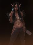  2019 absurd_res black_hair bottle breasts clothed clothing digital_media_(artwork) female hair half-closed_eyes hi_res holding_bottle holding_glass holding_object humanoid humanoid_pointy_ears jewelry looking_at_viewer narrowed_eyes navel necklace nipples not_furry one_eye_closed ruperteverton simple_background smile solo tattoo topless wavy_hair 