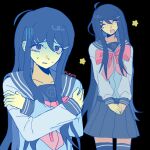  1girl artist_name black_background blue_eyes blue_hair cowboy_shot danganronpa:_trigger_happy_havoc danganronpa_(series) derivative_work hair_ornament hairclip happy highres maizono_sayaka multiple_expressions picklessyy sad school_uniform simple_background smile sprite_redraw star_(sky) worried 