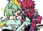  2girls :d bare_shoulders black_pants blonde_hair blush candy chocolate closed_eyes colored_eyelashes covered_mouth dark_skin eating fingerless_gloves food gloves green_hair green_sweater harurie heart heart-shaped_chocolate heart-shaped_food high_collar jacket long_hair multicolored_hair multiple_girls off-shoulder_sweater off_shoulder pants partial_humanization pokemon red_hair red_jacket scolipede serperior sleeves_past_wrists smile sweater two-tone_hair yellow_eyes zipper 