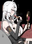 1girl ahoge applying_lipstick applying_makeup azz0422 black_gloves black_shorts breasts commentary cosmetics elbow_gloves fingerless_gloves gloves high-waist_shorts highres holding holding_lipstick_tube holding_mirror large_breasts lipstick_tube long_hair mirror shirt shorts solo thighs untranslatable_commentary very_long_hair white_hair white_shirt yixuan_(zenless_zone_zero) zenless_zone_zero 
