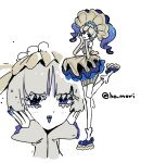  1girl :d blue_eyes blue_hair blue_shoes blunt_bangs colored_eyelashes dress flat_chest frilled_dress frilled_socks frills gloves hands_on_own_face harurie headdress highres multicolored_hair original pearl_hair_ornament shoes smile socks solo twintails two-tone_hair white_gloves white_hair 