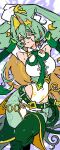 1girl armpits belt belt_buckle blonde_hair breasts buckle cleavage_cutout clothing_cutout collar colored_eyelashes colored_inner_hair corset cowboy_shot crossed_bangs dakimakura_(medium) earrings frilled_shirt_collar frills gold_earrings gold_trim green_belt green_corset green_hair hair_intakes harurie highres hoop_earrings jewelry large_breasts lasso leotard lying multicolored_hair necktie pants personification pokemon red_eyes serperior shirt sidelocks sleeves_past_wrists solo white_collar white_leotard white_shirt 