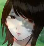  1girl amakura_mio blurry blurry_background brown_eyes brown_hair closed_mouth commentary day fatal_frame fatal_frame_ii:_crimson_butterfly light_smile lips looking_at_viewer outdoors portrait short_hair solo tree_shade untranslatable_commentary yukiame 