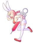  1girl absurdres animal_ears breasts bunny_ears bunny_girl bunny_tail crop_top english_commentary fiz_(fizintine) fizintine from_side full_body hair_ribbon heart highres holding holding_syringe large_breasts looking_away original pink_hair red_footwear red_ribbon ribbon short_hair short_shorts shorts sideboob sidelocks solo syringe tail thighhighs white_legwear white_shorts wrist_cuffs 