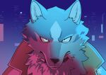 absurd_res anthro blue_body blue_eyes blue_light brand_new_animal canid canine canis city city_background city_skyline clothed clothing coat collar digital_drawing_(artwork) digital_media_(artwork) ears_up fluffy fur fur_markings hi_res lights looking_at_viewer male mammal markings mythological_creature mythology red_light shirou_ogami snout solo some_(someone) standing studio_trigger topwear trenchcoat white_body white_fur wolf