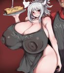  apron apron_only big_breasts blush breasts cleavage clothed clothing english_text female hi_res horn horned_humanoid huge_breasts humanoid hyper hyper_breasts lucifer_(helltaker) male mostly_nude sharp_teeth teeth text tsuyomayo 
