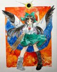  1girl arm_cannon asymmetrical_footwear atom bird_wings black_sun black_wings blue_cape bow brown_hair cape chest_eye collared_shirt commentary control_rod_(touhou) feathered_wings frilled_shirt_collar frills full_body green_bow green_skirt hair_bow highres key747h long_hair looking_at_viewer mismatched_footwear open_mouth red_eyes reiuji_utsuho shirt skirt smile solo sun third_eye touhou traditional_media two-sided_cape two-sided_fabric very_long_hair weapon white_cape white_shirt wings 