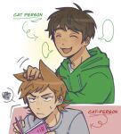  2boys :3 :d ^_^ animification annoyed antenna_hair book brown_hair closed_eyes commentary dimosum drawstring edd_(eddsworld) eddsworld english_text feral_instincts flipped_hair green_hoodie grey_shirt hair_behind_ear hair_ears headpat highres holding holding_book hood hood_down hoodie jitome long_sleeves male_focus multiple_boys open_mouth pornography shirt short_hair simple_background smile speech_bubble spoken_squiggle squiggle sweatdrop swept_bangs tan tord_(eddsworld) white_background 