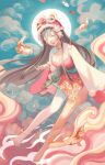  1girl absurdres animal black_hair blue_eyes blue_sky breasts cleavage cloud commentary_request double-parted_bangs dragon_tattoo dress fish flower flying_fish full_body full_moon hair_flower hair_ornament hand_up hat highres large_breasts leg_tattoo liang_jiou long_hair looking_at_viewer moon original parted_lips pink_dress pink_hat shrug_(clothing) single_bare_foot single_bare_leg single_thighhigh sky solo stirrup_legwear tattoo thighhighs toeless_legwear white_shrug white_thighhighs 