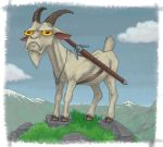  bovid caprine caricature feral frown fur goat grass hi_res hooves horn male mammal medallion melee_weapon mountain ramul rock solo sword the_witcher_(series) weapon white_body white_fur yellow_eyes 