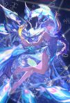  1girl absurdres arm_up bare_shoulders bird blue_dress blue_eyes blue_hair blue_nails bracelet dress earrings fingernails fur_shawl hair_between_eyes hair_ornament hand_up high_heels highres holding holding_ofuda honkai:_star_rail honkai_(series) jewelry jiuyuektk long_hair nail_polish ofuda peacock peacock_feathers peacock_feathers_hair_ornament peafowl shawl sleeveless sleeveless_dress smile solo white_dress white_hair yao_guang_(honkai:_star_rail) 