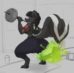 absurd_res anthro arm_tattoo barbell barbell_squats black_hair bodily_fluids clothing crouching daukus exercise fart fart_fetish female green_eyes hair hi_res highlights_(coloring) leggings legwear looking_at_viewer looking_back looking_back_at_viewer mammal markings mephitid musk raised_tail shirt skunk solo striped_markings striped_tail stripes sweat tail tail_markings tank_top tattoo topwear weightlifting white_highlights workout