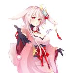  1girl animal_ears artist_name black_gloves blush breasts bunny_ears cleavage copyright_request crescent crescent_hair_ornament gloves hair_between_eyes hair_ornament highres japanese_clothes kimono large_breasts long_hair looking_at_viewer outstretched_hand red_eyes ryuka simple_background smile solo tail virtual_youtuber white_background white_hair wide_sleeves 
