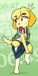  animal_crossing bottomwear bottomwear_down canid canine canis clothed clothing dm29 domestic_dog dressing dressing_up female frantic hi_res isabelle_(animal_crossing) legwear mammal nintendo no_bra panicking panties putting_on_clothes shih_tzu skirt_down stockings toy_dog underwear 