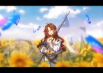 1girl :d ahoge arknights bangs banner belt blue_sky blurry brown_hair bug butterfly chinese_commentary cloud cloudy_sky cowboy_shot day depth_of_field dress eyebrows_visible_through_hair flag flower green_eyes head_tilt highres holding holding_flag insect jacket kagura_tohru letterboxed long_hair looking_at_viewer myrtle_(arknights) off_shoulder open_mouth outdoors parted_bangs pointy_ears sky smile solo sunflower wavy_hair white_dress white_jacket 