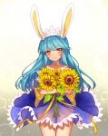  1girl absurdres animal_ears bangs bare_shoulders blue_dress blue_hair blunt_bangs blush brown_eyes bunny_ears closed_mouth collarbone crossed_arms dress eyebrows_visible_through_hair fake_animal_ears flower hairband highres holding holding_flower long_hair looking_at_viewer oma-chi original ribbon smile solo sunflower yellow_ribbon 