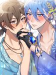  2boys alternate_hairstyle black_gloves blue_eyes blue_gem blue_hair blue_kimono blush bow bracelet braid brown_eyes brown_hair collarbone covered_mouth crystal_necklace earrings edmond_(nu_carnival) eiden_(nu_carnival) fireworks_print furrowed_brow gem gloves gold_bracelet gold_earrings gold_ring green_bow hair_between_eyes hair_bow hair_ornament half_gloves heads_together highres holding_hands interlocked_fingers japanese_clothes jewelry kimono leaf_hair_ornament looking_at_viewer low_ponytail male_focus multiple_boys nu_417 nu_carnival official_alternate_costume parted_lips peanut_mouth pectoral_cleavage pectorals ponytail short_ponytail side_braid simple_background upturned_eyes v-shaped_eyebrows white_background yaoi 