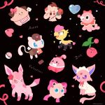  alcremie alternate_color black_background bubble candy cherubi chocolate chocolate_bar cleffa espeon food glaceon happiny happy_valentine heart highres jangmo-o jigglypuff mew_(pokemon) munchycolors no_humans pink_ribbon pink_theme poke_ball pokemon pokemon_(creature) popplio ribbon shiny_pokemon valentine 
