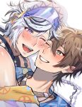  2boys :d beads black_hair blade_(nu_carnival) blush brown_eyes brown_hair cheek-to-cheek drop_shadow eiden_(nu_carnival) furrowed_brow grin hair_between_eyes heads_together highres jewelry male_focus multicolored_hair multiple_boys necklace nu_417 nu_carnival official_alternate_costume one_eye_closed purple_eyes see-through_clothes see-through_headwear sharp_teeth short_hair simple_background smile streaked_hair teeth twitter_username visor_cap white_background white_hair yaoi 