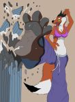  2019 4_fingers 4_toes anthro bottomwear bra brown_background building_damage canid canine chopkick clothing female fingers foot_focus fox green_eyes macro mammal open_mouth pants pawpads plantigrade red_fox simple_background skyscraper solo toes underwear vegabone 