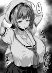  1girl alternate_breast_size_(larger) antenna_hair arms_behind_head arms_up beret blush breasts cardcaptor_sakura cleavage collarbone covered_nipples greyscale half-closed_eyes hat huge_breasts kinomoto_sakura looking_down monochrome no_bra otoo_(izanagi) puffy_short_sleeves puffy_sleeves school_uniform serafuku shirt short_hair short_sleeves skirt solo upper_body 