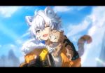  1girl ;d animal_ears animal_on_shoulder arknights binoculars black_gloves blue_eyes blue_sky chinese_commentary cliffheart_(arknights) cloud cloudy_sky coat commentary day eyebrows_visible_through_hair fang fur-trimmed_coat fur_trim gloves hair_between_eyes highres holding_binoculars kagura_tohru leopard_ears leopard_tail letterboxed looking_at_viewer one_eye_closed open_mouth orange_coat outdoors short_hair silver_hair sky smile solo sweater tail upper_body white_sweater winter_clothes 