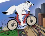  2020 anthro arctic_fox bicycle blue_eyes building canid canine car cloud cycling day earth_damage fox fur macro male mammal nude open_mouth plantigrade rails rampage road side_view sky skyscraper solo street_lamp tongue tongue_out train tree vegabone vegabone_(character) vehicle white_body white_fur 