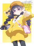  1girl adjusting_eyewear black_pantyhose black_shirt cardcaptor_sakura daidouji_tomoyo dated hat highres jacket kero_(cardcaptor_sakura) long_hair newsboy_cap pantyhose serizawa_serizane shirt skirt sunglasses very_long_hair video_camera yellow_background yellow_hat yellow_jacket yellow_skirt 