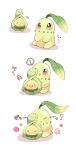  >_< ? absurdres budew chikorita closed_eyes closed_mouth highres no_humans open_mouth pokemon pokemon_(creature) pokemon_focus red_eyes sitting smile spoken_question_mark yupo_0322 