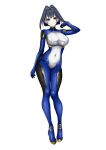  1girl absurdres black_hair blue_bodysuit blue_eyes blue_hair bodysuit breasts hair_intakes highres hololive hololive_english jewelry large_breasts long_hair looking_at_viewer mecha_pilot_suit multicolored_bodysuit multicolored_hair ouro_kronii shirohodo shirt short_hair skin_tight smile solo taut_bodysuit two-tone_bodysuit virtual_youtuber 