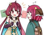  2girls als_honobono atelier_(series) atelier_sophie_2 backpack bag belt blue_belt blue_coat blush book coat collared_coat commentary_request facing_another grandmother_and_granddaughter long_coat long_hair low_twintails multiple_girls open_mouth plaid_clothes plaid_coat ramizel_erlenmeyer red_hair simple_background sophie_neuenmuller surprised twintails 