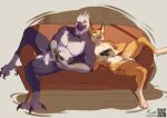 absurd_res accipitrid accipitriform animal_genitalia anthro avian balls beak bird casual_nudity controller duo eagle feathers feet felid feline flaccid foreskin fur furniture game_controller gaming genitals green_eyes grey_markings harpy_eagle hi_res humanoid_genitalia humanoid_penis inner_ear_fluff inside kaelash leopard_spots lynx male mammal markings muscular muscular_anthro muscular_male nude orange_body orange_fur paws penis playing_video_game purple_body sheath simple_background sofa spots talons tan_body tan_fur toes tuft