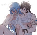  2boys :d ahoge alternate_hair_length_(longer) alternate_hairstyle armlet belt blue_eyes blue_hair blush braid brown_belt brown_eyes brown_hair chest_harness chin_on_another's_shoulder convenient_leg covering_own_mouth curled_fingers curtained_hair edmond_(nu_carnival) eiden_(nu_carnival) furrowed_brow hair_between_eyes hair_down halterneck hand_on_another's_arm harness head_wreath highres jewelry knees_up long_hair looking_at_another motion_lines multiple_boys nipple_stimulation nipple_tweak nipples nose_blush nu_417 nu_carnival official_alternate_costume parted_bangs see-through_clothes see-through_shawl shade shawl simple_background single_braid smile trembling tunic v-shaped_eyebrows very_long_hair white_background white_tunic wolf_cut yaoi 