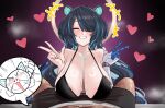  1boy 1girl absurdres animal_ears bikini black_bikini black_hair blue_hair breasts cleavage closed_eyes colored_inner_animal_ears erina_makina hair_over_one_eye heart heiz_illust highres huge_breasts imminent_paizuri large_breasts long_hair mechanical_arms multicolored_hair phase_connect sagging_breasts single_mechanical_arm smile streaked_hair sweat swimsuit tiger_ears tiger_girl v very_sweaty virtual_youtuber 