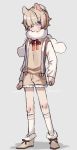  1boy adapted_costume alpaca_boy alpaca_ears alpaca_suri_(kemono_friends) animal_ears beige_footwear beige_shorts beige_vest blue_eyes blush commentary_request eyebrows_visible_through_hair full_body fur_collar fur_scarf fur_trim genderswap genderswap_(mtf) hair_bun hair_over_one_eye highres ichi001 kemono_friends long_sleeves neck_ribbon red_neckwear ribbon short_hair shorts socks solo suspender_shorts suspenders sweater white_fur white_hair white_legwear white_sweater 