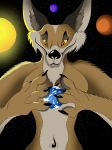  2018 4_fingers anthro breasts canid canine canis coyote earth female fingers holding_earth macro mammal multicolored_eyes navel nude planet smile solo space sun vegabone 