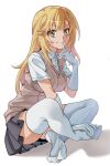  1girl blonde_hair breasts brown_eyes brown_sweater_vest closed_mouth collared_shirt elbow_gloves finger_to_mouth full_body gloves grey_skirt highres indian_style large_breasts long_hair looking_at_viewer loose_thighhigh miniskirt pleated_skirt school_emblem school_uniform shirt shokuhou_misaki short_sleeves sitting skirt smile solo sparkling_eyes summer_uniform sweater_vest takayuki_azuma thighhighs toaru_kagaku_no_mental_out toaru_kagaku_no_railgun toaru_majutsu_no_index tokiwadai_school_uniform v-neck white_background white_gloves white_shirt white_thighhighs 