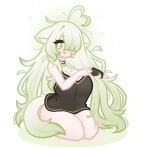  1girl ahoge animal_ears black_shirt breasts brushing_hair cleavage ferret_ears ferret_girl ferret_tail food fruit gradient_hair green_eyes green_hair green_nails green_tail hair_brush hair_over_one_eye heart heart_ahoge highres indie_virtual_youtuber jewelry large_breasts lime_(fruit) limealicious limebreaker long_hair looking_at_viewer messy_hair multicolored_hair necklace oversized_clothes oversized_shirt shirt sitting thick_thighs thighs two-tone_hair very_long_hair vinesauce virtual_youtuber white_background white_hair 