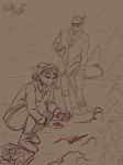 2026 aleksika_(aleksikashvets) aleksikashvets angle_(copperback01) anthro artist_name boots bottomwear canid canine cat_nose clothed clothed_anthro clothed_female clothed_male clothing cloud dated domestic_cat duo ears_back ears_up english_description eyebrow_through_hair eyebrows eyelashes facial_tuft felid feline feline_ears felis female female_anthro fluffy fluffy_tail food footwear fox fox_ears fox_tail front_view garden gardening gloves grass hair hand_on_knee hand_on_leg handwear hat headgear headkerchief headwear helping hi_res holding_food holding_object holding_shovel holding_tool holding_vegetable kerchief looking_at_another looking_at_object male male/female male_anthro mammal medium_tail monochrome neck_tuft outside pants pivoted_ears plant pupils shadow shirt shoes short_hair shovel signature simple_background sitting sketch smile smile_lines smiling_at_another standing tail text tools topwear translucent translucent_hair tree tuft vegetable