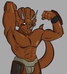  abs anthro biceps big_muscles brown_body brown_scales ceratopsian clothed clothing dinosaur flexing frill_(anatomy) grey_background horn male muscular muscular_male ornithischian pecs reptile scales scalie simple_background solo stupidgnoll teenage_mutant_ninja_turtles topless traximus triceraton 