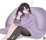  2girls bean_bag_chair black_hair black_pantyhose blanket camisole closed_eyes colored_inner_hair commentary drooling highres long_hair mouth_drool multicolored_hair multiple_girls no_shoes open_mouth original pantyhose parted_lips purple_camisole siblings simple_background sisters sitting sleeping sleeping_together sleeping_upright spaghetti_strap straight_hair untranslatable_commentary white_background yuuyu_(moco20111115) zzz 