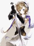 1girl absurdres bird black_gloves black_veil brown_corset cape chinese_commentary closed_mouth commentary_request corset dress elbow_gloves gloves green_eyes hat_feather highres holding holding_sword holding_weapon long_hair purple_cape reverse:1999 rhiannon_(reverse:1999) short_dress solo sword two-handed upper_body veil weapon white_background white_dress xiao_xiazi 