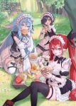  +_+ 3girls :d black_bow black_bowtie black_eyes black_hair black_ribbon black_thighhighs blue_eyes blue_hair bow bowl bowtie breasts burger character_request cleavage commentary_request copyright_name copyright_request eating fang food forest french_fries hair_over_one_eye hair_ribbon highres holding holding_burger holding_food holding_spoon long_hair looking_at_viewer maid maid_headdress multiple_girls nature noodles open_mouth outdoors pointy_ears ramen ribbon smile spoon sunlight suzuho_hotaru thighhighs twintails wooden_spoon 