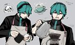  1boy apron arm_up atuhi black_eyes black_jacket closed_mouth coffee_maker coffee_pot commentary_request cup doodle_inset double-parted_bangs facial_hair genderswap genderswap_(ftm) goatee green_hair hair_between_eyes hair_over_one_eye hatsune_miku headphones highres holding holding_coffee_pot holding_cup jacket latte_art long_sleeves male_focus miku-oji multiple_views musical_note mustache one_eye_covered saucer signature smile spoon teacup translation_request vocaloid white_apron 