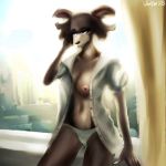  anthro beastars breasts brown_body brown_fur camel_toe canid canine canis clothed clothing female fur hi_res juno_(beastars) mammal nipples one_breast_out open_shirt panties portrait shirt sitting solo three-quarter_portrait topwear underwear vanyw333 wolf 