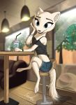  2020 anthro barefoot blue_eyes blurred_background chair clothed clothing detailed_background digitigrade domestic_ferret female fully_clothed fur furniture glass hi_res holding_cup holding_object inner_ear_fluff inside light lighting looking_at_viewer mammal midriff mustela mustelid musteline relaxable signature sitting solo straw table text tuft url whiskers white_body white_fur window 