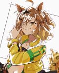  ahoge animal_ears bandeau blush braid breasts brown_hair closed_mouth domdam80 hair_between_eyes hair_ornament hairclip half_up_braid half_up_half_down_braid horse_ears horse_girl jacket jungle_pocket_(champion's_battle_cry)_(umamusume) jungle_pocket_(umamusume) long_sleeves looking_at_viewer medium_hair midriff navel notched_ear one_eye_closed open_clothes skirt small_breasts smile umamusume yellow_bandeau yellow_eyes yellow_jacket 