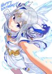  1girl absurdres amane_kanata angel angel_wings birthday blue_hair dress feathers flat_chest gloves grey_hair hair_bun happy_birthday highres hololive magical_girl mahou_shoujo_holowitch! multicolored_hair notraidersin1 official_alternate_costume purple_eyes simple_background smile solo streaked_hair virtual_youtuber white_background wings 