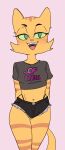 2023 alternate_costume anthro big_eyes biped black_bottomwear black_clothing black_daisy_dukes black_eyebrows black_hotpants black_shorts black_thong black_underwear bottomwear breasts breasts_apart cheek_tuft clothed clothed_anthro clothed_female clothing color_edit colored crop_top daisy_dukes dbaru denim denim_bottomwear denim_clothing denim_shorts digital_drawing_(artwork) digital_media_(artwork) domestic_cat english_text eyebrows eyelashes facial_markings facial_tuft fangs felid feline felis female female_anthro fran_(litterbox_comics) front_view fully_clothed fully_clothed_anthro fully_clothed_female fur fur_tuft green_eyes green_sclera half-closed_eyes hands_behind_back head_markings hi_res hotpants humor iris legs_together light_body light_fur light_markings litterbox_comics logo looking_at_viewer mammal markings mature_anthro mature_female midriff monotone_background multicolored_clothing multicolored_crop_top multicolored_shirt multicolored_topwear narrowed_eyes navel no_pupils onlyfans open_mouth open_smile orange_body orange_ears orange_fur orange_markings orange_tail pink_background pink_nose pink_tongue pointy_ears portrait prick_ears print_clothing print_crop_top print_shirt print_topwear pun purple_text shirt shorts simple_background small_breasts small_nose smile smiling_at_viewer solo standing straight_legs striped_arms striped_body striped_face striped_fur striped_legs striped_thighs stripes tabby_cat tail teeth text text_on_clothing text_on_crop_top text_on_shirt text_on_topwear thick_thighs third-party_edit thong thong_straps three-quarter_portrait tongue topwear tuft underwear wide_hipped_anthro wide_hipped_female wide_hips